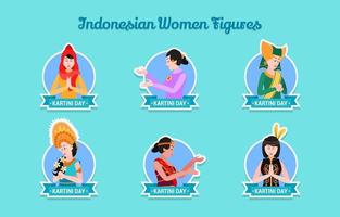 Conjunto de adesivos de kartini com várias roupas tradicionais indonésias vetor
