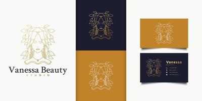 logotipo de mulher bonita com folhas no cabelo em gradiente dourado e conceito linear para logotipo de moda, salão de beleza, cosméticos ou estúdio de beleza vetor