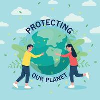 um homem e uma mulher abraçam a terra por salvar o planeta vetor