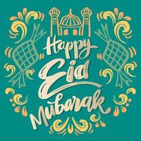 feliz eid mubarak, mão letras com mesquita e tradicional indonésio Comida. vetor