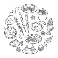 conjunto de doodle de comida doce asiática. cozinha asiática em estilo de desenho. ilustração vetorial desenhada à mão isolada no fundo branco vetor