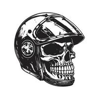crânio motociclista com retro capacete, logotipo conceito Preto e branco cor, mão desenhado ilustração vetor