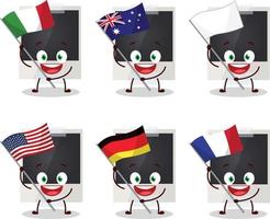 Preto polaroid desenho animado personagem trazer a bandeiras do vários países vetor