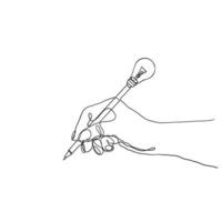 contínuo linha desenhando mão segurando lápis com lâmpada ilustração vetor