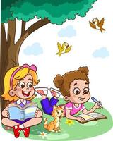 crianças aprender a partir de livros. Garoto e menina lendo fada contos junto. colorida desenho animado personagens. engraçado vetor ilustração. isolado em branco fundo