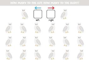 esquerda ou certo com fofa desenho animado Nevado coruja. lógico planilha para pré-escolares. vetor