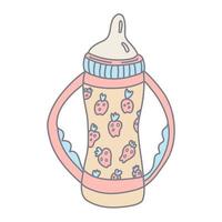 bebê alimentando garrafa com alças decorado com morangos dentro cor rabisco estilo. plano estilo com contorno. mão desenhado vetor ilustração isolado em branco. pastel cores, rosa, azul, bege