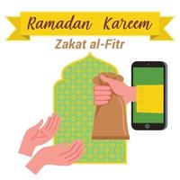 ilustração do uma mão dando zakat al fitr através a Móvel telefone ou através on-line. 1 mão dá uma saco contendo zakat, e a de outros mão este pronto para aceitar isto. vetor
