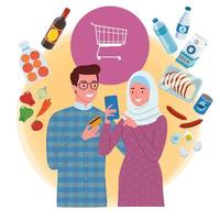 uma muçulmano casal Faz uma mercearias conectados compras juntos em uma Móvel telefone. a homem é segurando uma cartão enquanto a mulher é segurando uma telefone. vetor