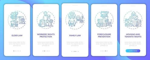 tela da página do aplicativo móvel de integração de tipos de serviços jurídicos com conceitos vetor