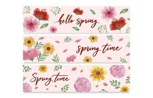 banner hello spring aquarela com flores e folhagens vetor