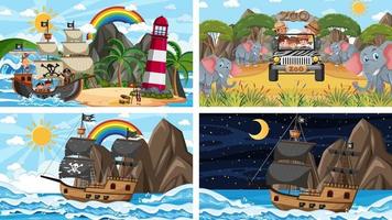 conjunto de diferentes cenas com animais no zoológico e navio pirata no mar vetor