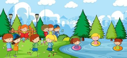 cena do parque com muitas crianças doodle personagem de desenho animado vetor