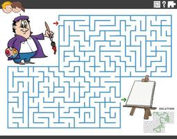 jogo educacional de labirinto com pintor de desenho animado e cavalete vetor