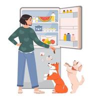 animal proprietário. a mulher aberto a geladeira com Comida e feeds a animais de estimação. com fome mulher verificação geladeira com Comida. guloseimas para cães. plano vetor ilustração.