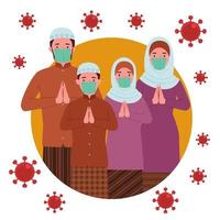 uma grupo do muçulmano famílias consistindo do pais e seus crianças vestindo máscaras e colocando seus mãos dentro frente do seus peito. vetor