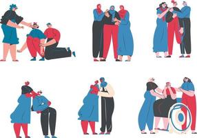 Super-heróis definir, masculino e fêmea personagens abraçando cada de outros desenho animado estilo vetor ilustração