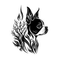 ornamental retrato do uma boston terrier cachorro dentro a selvagens. decorativo ilustração para chaveiro, camiseta, animal placa de identificação, Tag, pirografia. monocromático vetor ilustração, isolado.