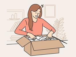 sorridente mulher desembalar ordem às lar. feliz menina aberto cartão caixa unbox compra comprando compras em Internet. vetor ilustração.