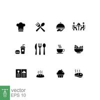 restaurante Comida ícone definir. simples sólido estilo. bebida, café, mesa, cardápio, padaria, Comida e bebida conceito. Preto silhueta, glifo símbolo. vetor ilustração isolado em branco fundo. eps 10.