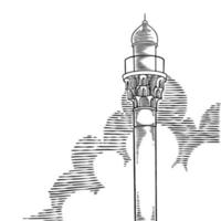 mão desenhada ramadan kareem e minaretes da mesquita. feliz eid mubarak. modelo de design para cartão de felicitações. celebração do feriado islâmico tradicional, esboço de religião e cultura árabe. ilustração vetorial vetor