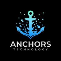 moderno digital pixel âncora logotipo Projeto. tecnologia âncora navio logotipo branding. vetor