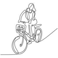 um desenho de linha contínua de uma garota andando de bicicleta. uma linda mulher gosta de andar de bicicleta pela manhã para se exercitar. tema de estilo de vida saudável isolado no fundo branco. estilo minimalista de vetor