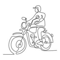 uma linha contínua de um homem andando de motocicleta velha. jovem homem usando capacete e anda de um motor de helicóptero na rua. conceito retrô de moto. estilo minimalista criativo vintage. ilustração vetorial vetor