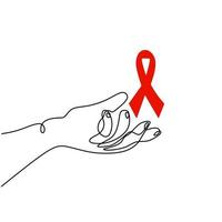 a mão humana com fita vermelha auxilia no desenho de uma linha contínua. apoie a esperança de cura e pare o conceito de aids. dia mundial da sida, 1 de dezembro. fita do emblema de caridade isolada no fundo branco. vetor
