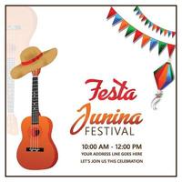 ilustração em vetor festa junina com guitarra, bandeira de festa colorida e lanterna de papel