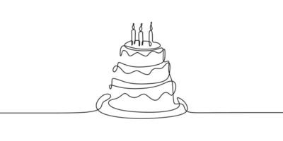 desenho de linha contínua. bolo de aniversário com três velas. símbolo de celebração isolado no fundo branco. vetor