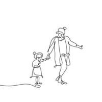 desenho de linha contínua de mãe e filha caminhando. design minimalista de personagem da moda. um desenho de linha de mãe e filha caminhando juntos, isolado no fundo branco. vetor