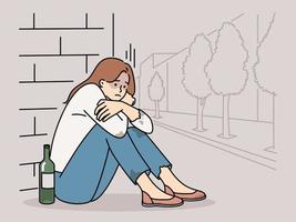 pobre jovem mulher sentar em terra em rua Sofra a partir de alcoólico vício. infeliz fêmea viciado implorar ao ar livre com vinho garrafa. álcool e mau hábito. vetor ilustração.