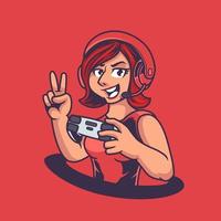 gamer girl mascote gaming modelo de logotipo de e-sport. personagem de belas senhoras com fone de ouvido e segurando o joystick isolado sobre fundo vermelho. desenho de ilustração de esporte para logo e-sport gaming time esquadrão vetor