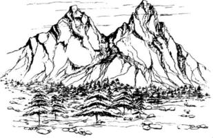 mão desenhado esboço com montanhas em a Principal visualizar. vetor