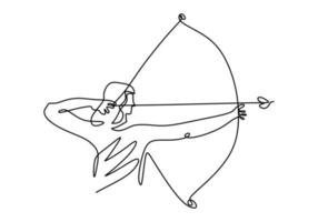 um desenho de linha contínua de jovem arqueira enérgica puxando o arco para atirar em um alvo de arco e flecha. arqueiro profissional feminino foco para acertar o alvo desenhado com design minimalista vetor