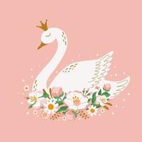 cisne Princesa pássaro com flores em Rosa fundo. fofa desenho animado mão desenhado branco pássaro. floral cisne decorativo elemento isolado vetor ilustração. adorável cartão, convite, bebê chuveiro Projeto.