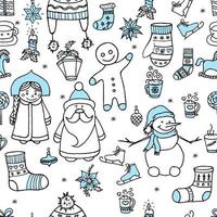 doodle padrão sem emenda de desenhos bonitos de Natal. cor branca e azul. ilustração vetorial para capa, cartão, têxtil e design de interiores, papel de embrulho para o ano novo. vetor