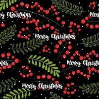 Natal sem costura padrão com rowan berry e ramos verdes sobre fundo preto. fundo do vetor para tecido, papel de embrulho e capa de telefone.