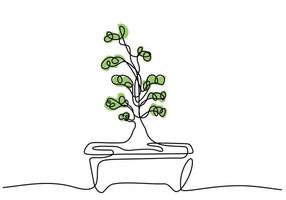 contínua uma árvore de desenho de linha no pote. beleza e árvore de bonsai em miniatura exótica para decoração de casa isolada no fundo branco. plantas de interior em design minimalista. ilustração vetorial vetor