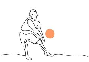 uma linha contínua desenhando um jovem jogador profissional de voleibol em ação. homem enérgico jogando uma bola na quadra isolada no fundo branco. conceito de esporte de equipe competitiva saudável