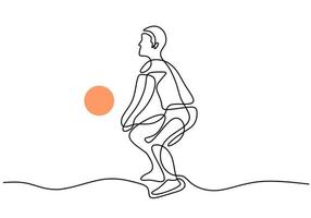 uma linha contínua desenhando um jovem jogador profissional de voleibol em ação. homem enérgico jogando uma bola na quadra isolada no fundo branco. conceito de esporte de equipe competitiva saudável vetor