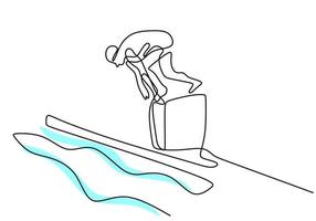 desenho de linha contínua de um jovem nadador desportivo pronto para pular para o centro de esportes da piscina coberta isolado no fundo branco. estilo de vida saudável e conceito de esporte. ilustração vetorial vetor