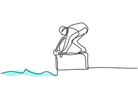 contínuo um desenho de linha de jovem nadador em forma desportiva pronto para pular para o centro de esportes da piscina coberta isolado no fundo branco. estilo de vida saudável e conceito de esporte. ilustração vetorial vetor