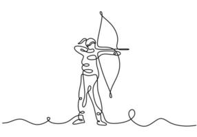 desenho contínuo de uma linha de jovem arqueira enérgica puxando o arco para atirar em um alvo de tiro com arco. uma arqueira profissional com foco feminino para atingir o alvo desenhado com design minimalista vetor
