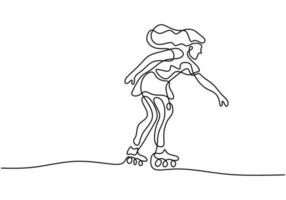 um desenho de linha contínua de mulher bonita sentada de patins ir isolado no fundo branco. personagem jovem anda de patins. esporte, recreação, amizade, relaxamento, tema de passatempo. vetor