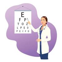oftalmologista menina com visão Verifica cartão. vetor ilustração do a oftalmologista dentro a hospital.