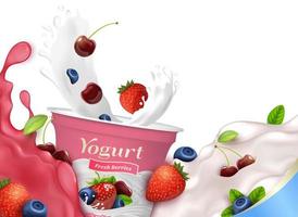 realista detalhado 3d fresco bagas iogurte embalagem recipiente com splash. vetor