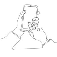 mão segurando e tocante Smartphone, rolagem ou procurando para algo, isolado em branco fundo vetor