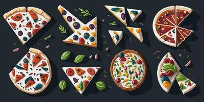 colorida e delicioso pizza fatias com fresco tomates e azeitonas vetor